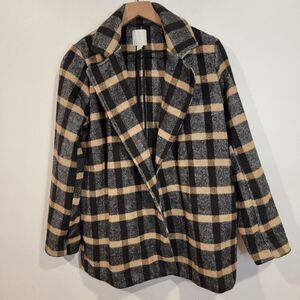 Joie Oversize Check Plaid Wool Blend Coat Size Small Black Beige Tan Brown